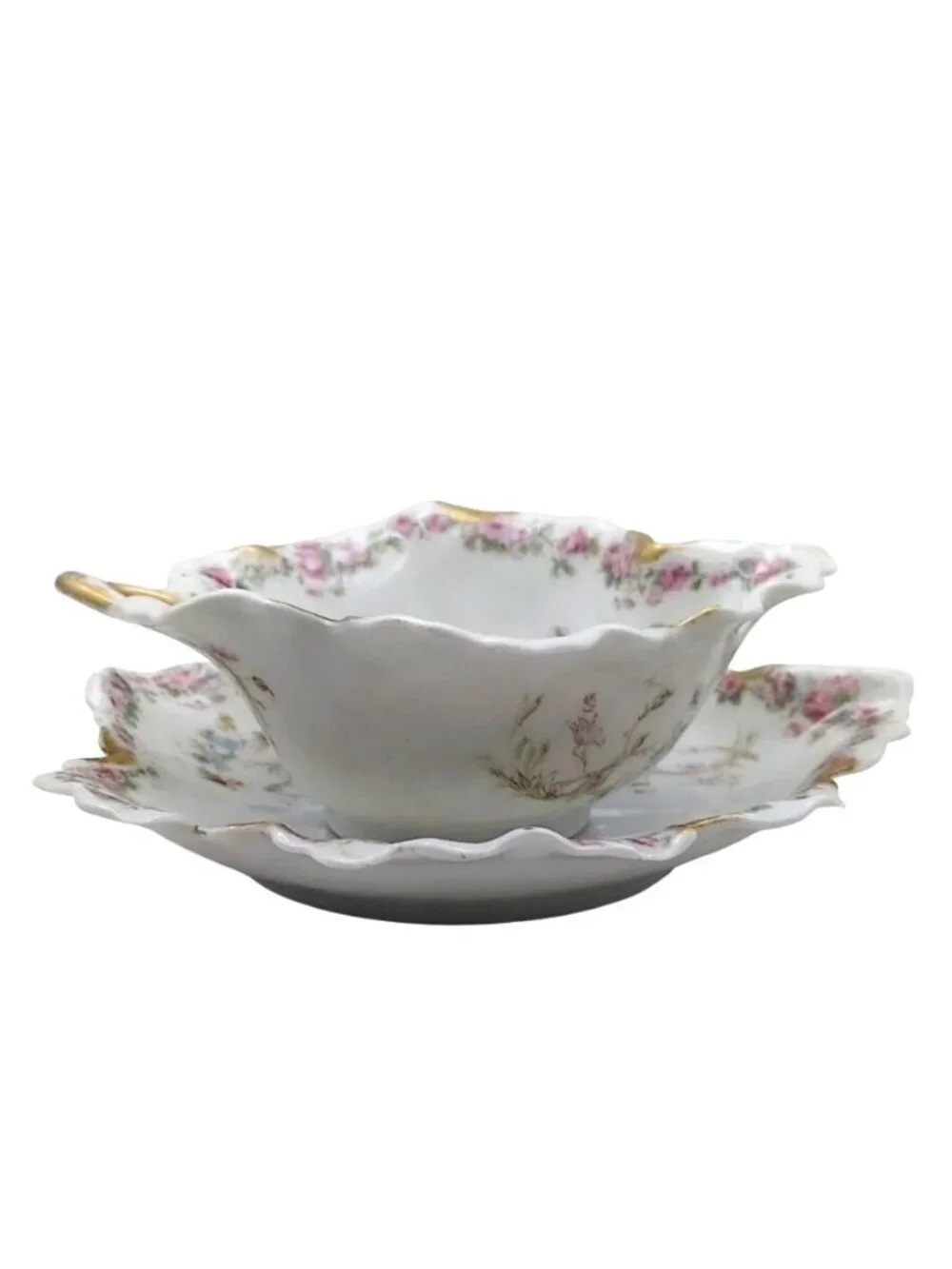 Antique Haviland Porcelain Floral Gravy Boat with Underplate Set Limoges France